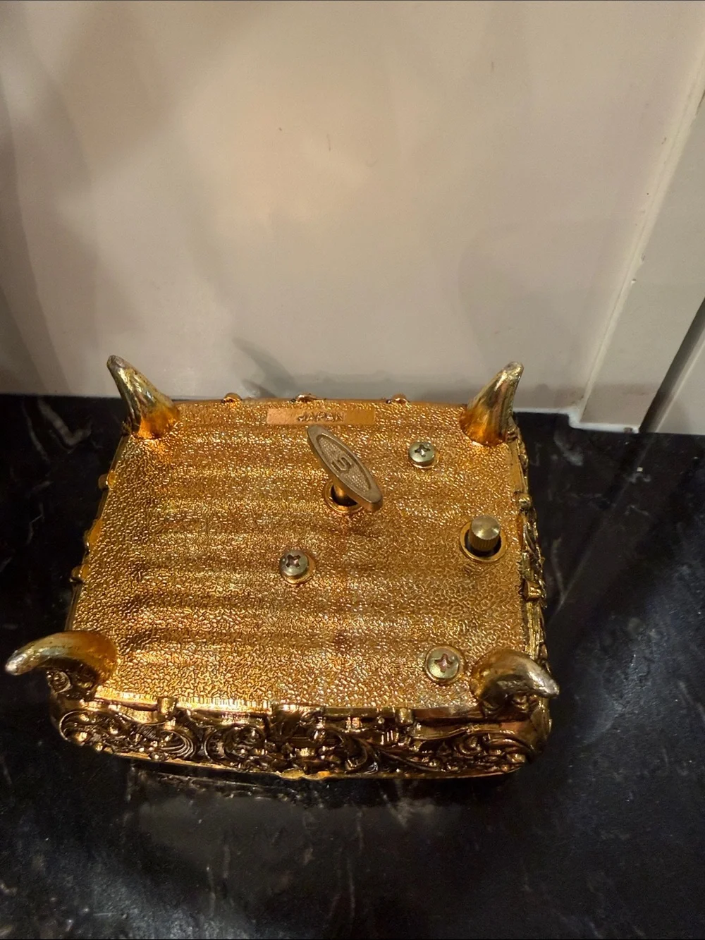 Ornate Gold Glass Top Jewelry Box with Green Velvet Interior